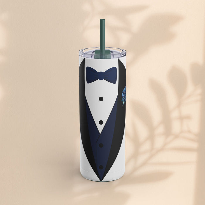 Matte white tumbler with navy tuxedo front and bowtie graphic, clear lid and teal straw