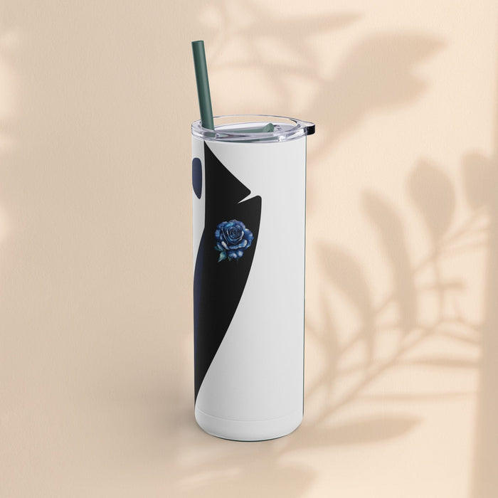 Matte white tumbler with navy tuxedo graphic and blue rose detail, clear lid and teal straw