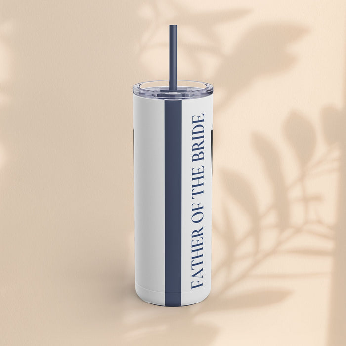 Matte white tumbler with vertical “FATHER OR THE BRIDE” text, clear lid and dark straw