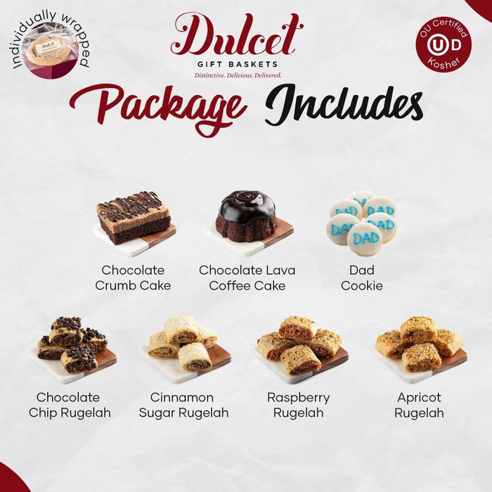 Gift basket package includes lineup of chocolate, coffee, Dad cookie, and rugelah