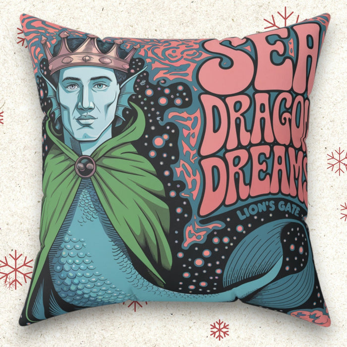 Square faux suede pillow with sea-themed graphic of a knight, green cloak, blue scales