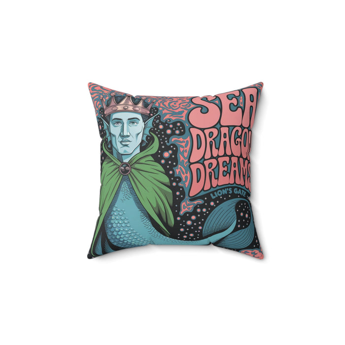 Square faux suede pillow with colorful fantasy character and bold sea dragon dreams text