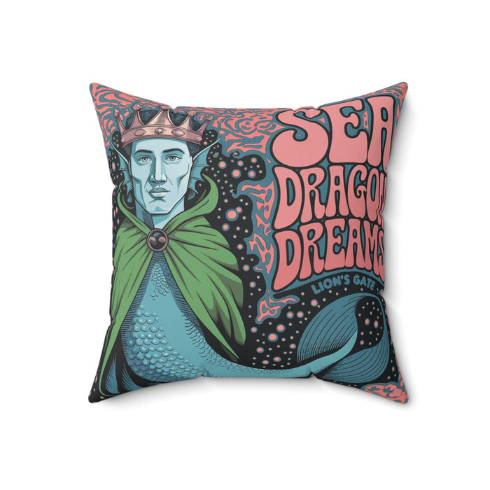 Square faux suede pillow with sea-themed artwork, green cloak and blue scaled figure