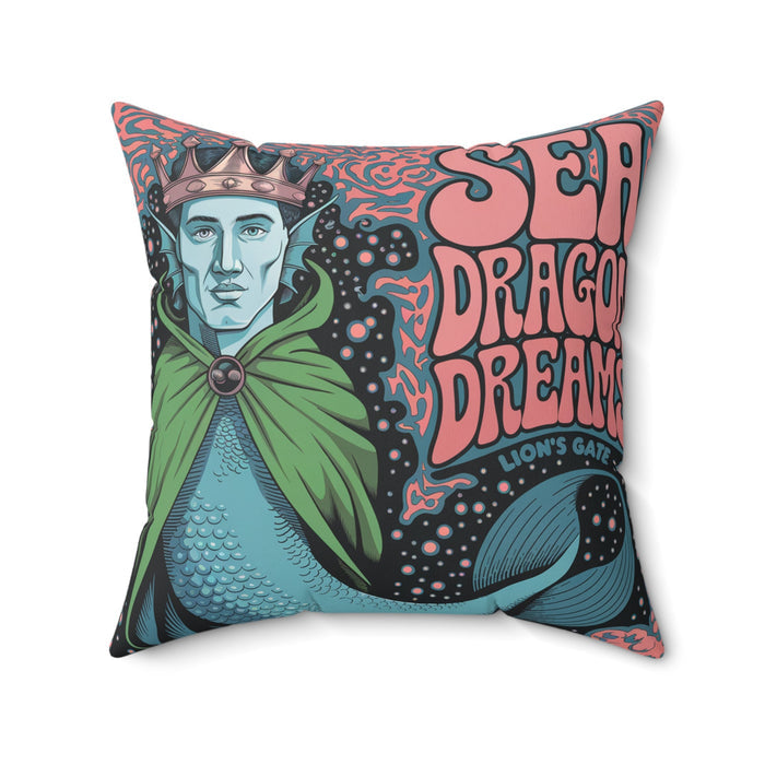 Square faux suede pillow with vibrant sea dragon dreams lettering and character illustration