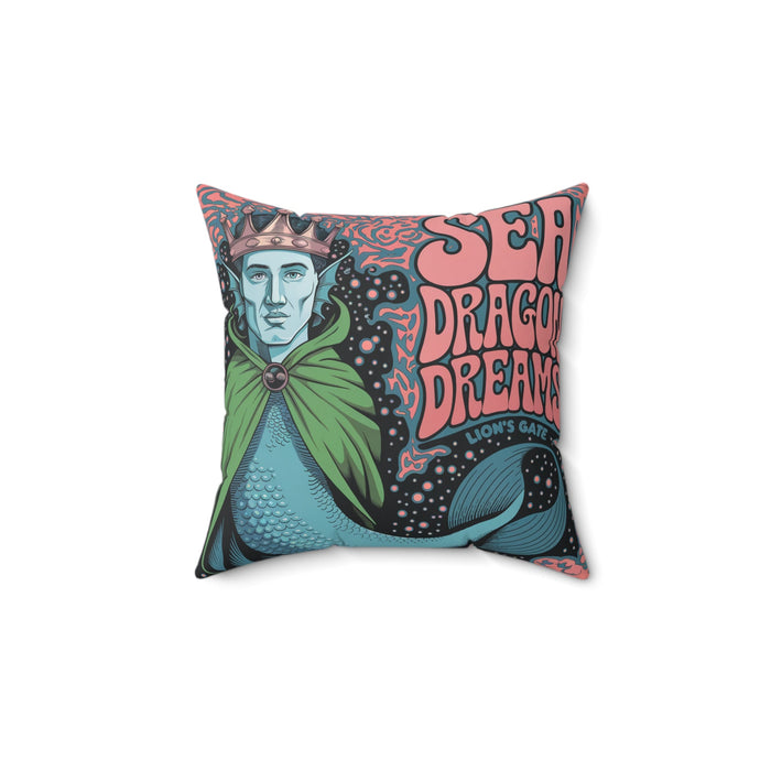 Square faux suede pillow with stylized sea character, green cloak and blue scales graphic