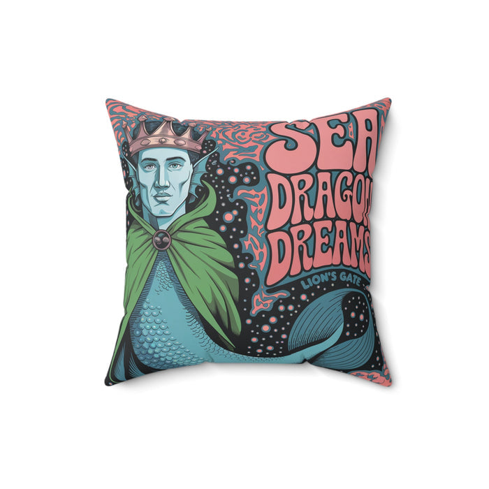 Square faux suede decorative pillow showing fantasy knight face and sea dragon dreams text