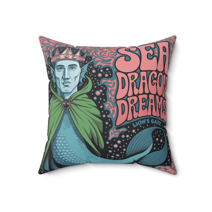 Square faux suede pillow with colorful sea artwork, green cloak, blue tail and text
