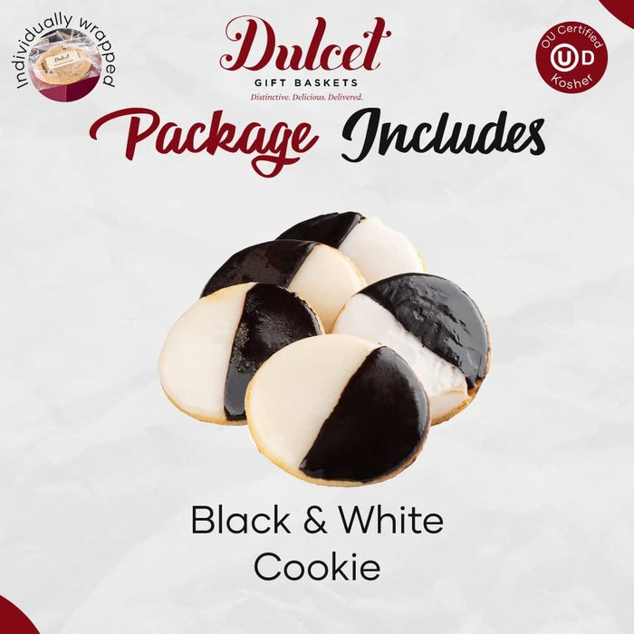 Black and white cookie tin with round chocolate and vanilla cookie pieces