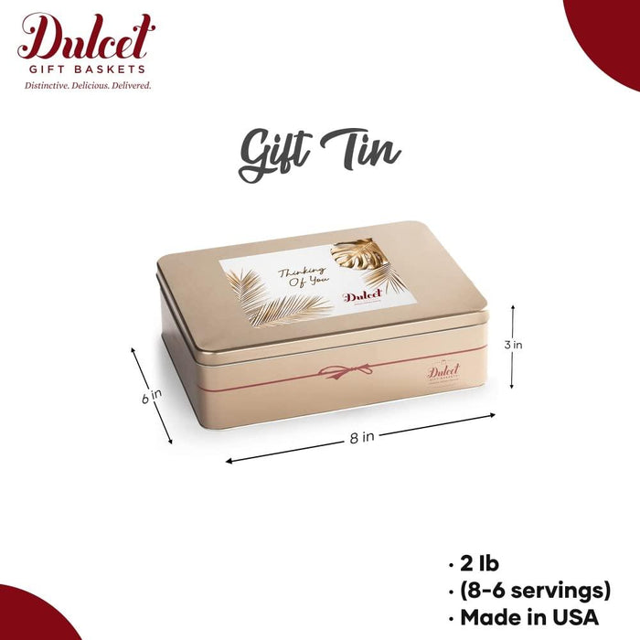 Black and white cookie tin with gift message card, size shown in inches