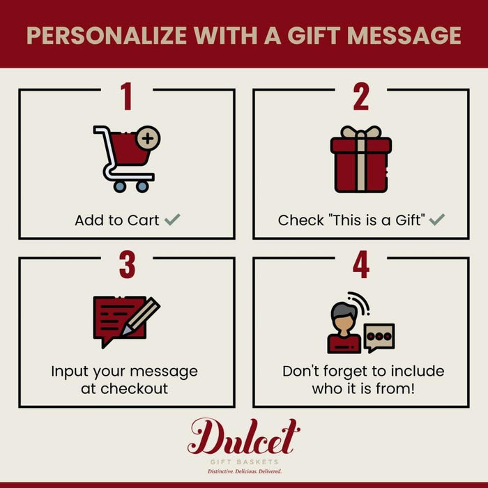 Gift message personalization steps graphic for Dulcet cookie tin