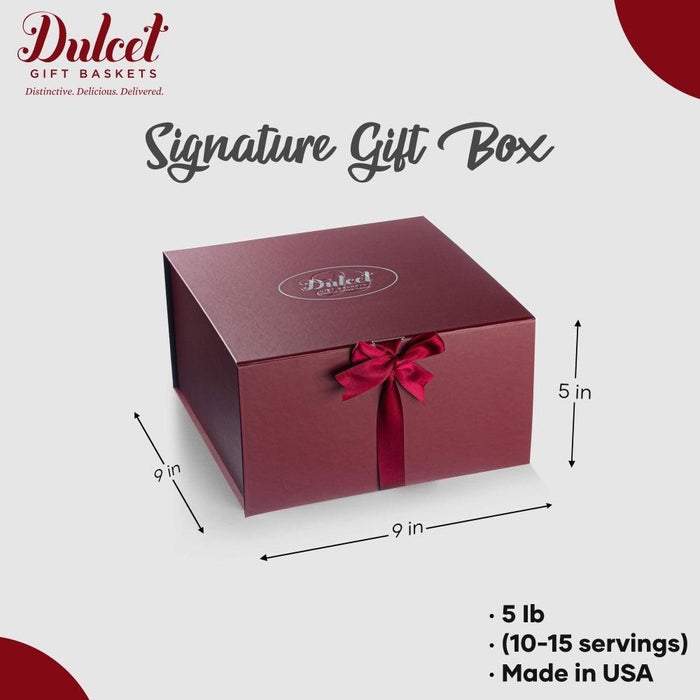 Signature gift box, purple with red bow, with size measurement labels