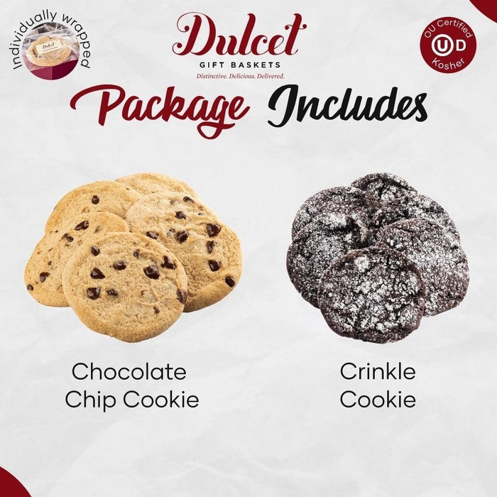 Chocolate chip cookie and chocolate crinkle cookie assortment on package include card