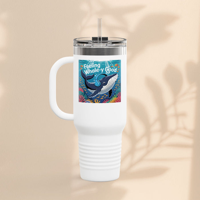 40oz insulated travel mug, white with whale graphic, clear lid and straw