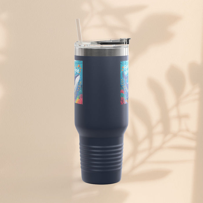 40oz insulated travel mug, dark blue with colorful whale-side art, clear lid and straw