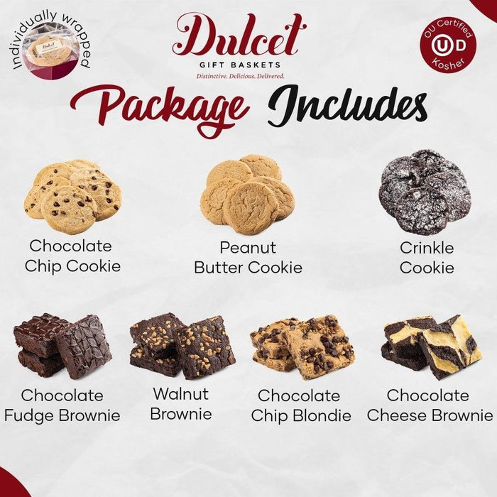 Gift box contents graphic listing cookies and brownies arranged in rows