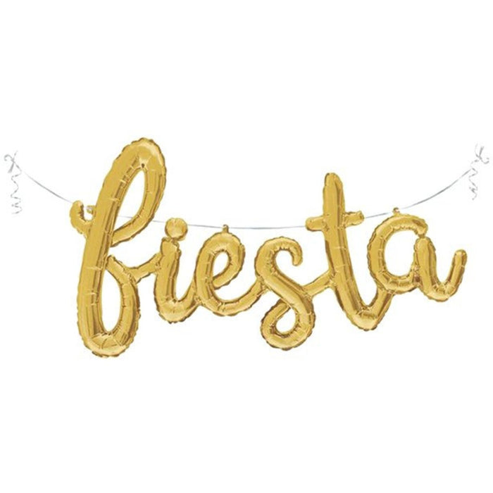 Gold foil “Fiesta” balloon letter banner with hanging strings