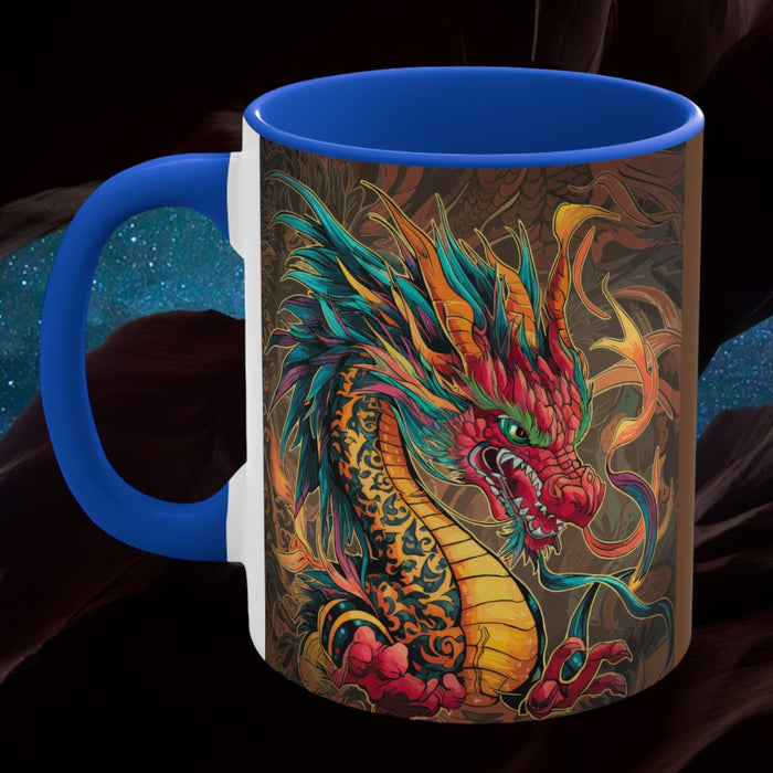 Blue 11oz accent mug with colorful dragon artwork and matching blue handle