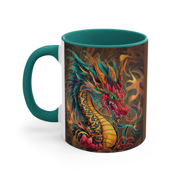 Green 11oz accent mug with colorful dragon artwork and matching green handle