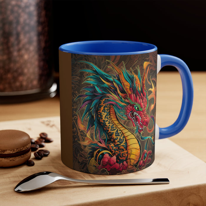 Blue 11oz accent mug with dragon illustration, blue rim and handle