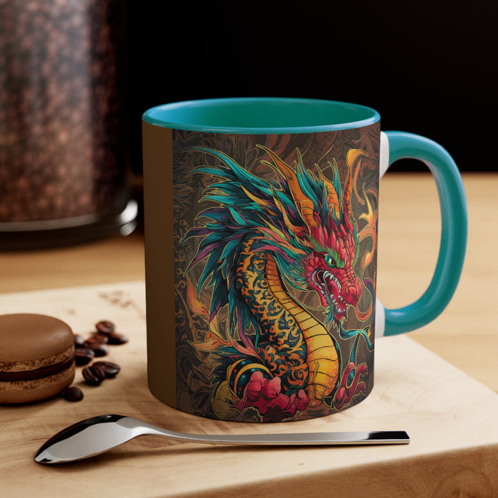 Green 11oz accent mug with dragon illustration, teal rim and handle