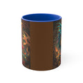 Blue 11oz accent mug back view with dragon pattern on brown sides