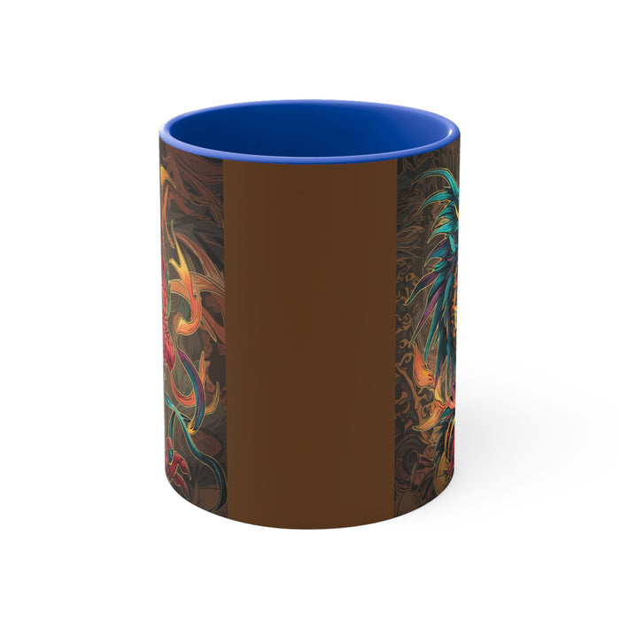 Blue 11oz accent mug back view with dragon pattern on brown sides