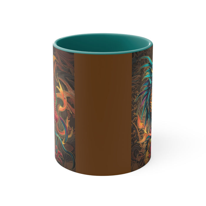Green 11oz accent mug back view with dragon pattern on brown sides
