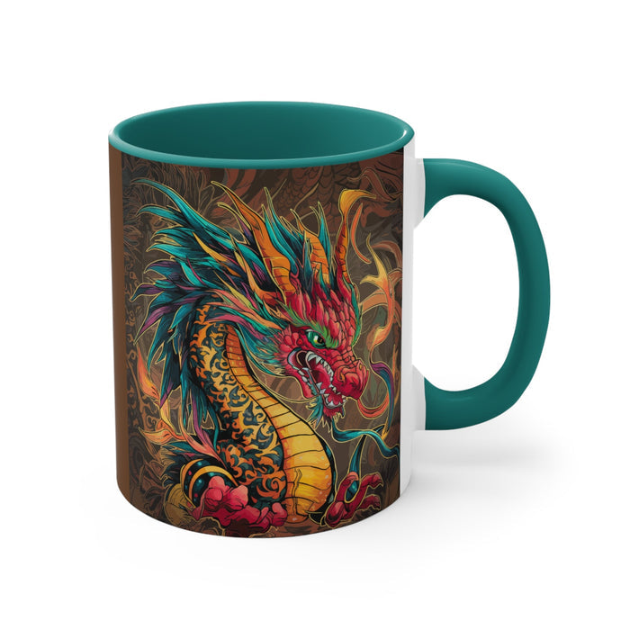 Green 11oz accent mug with colorful dragon artwork and large white cutout handle