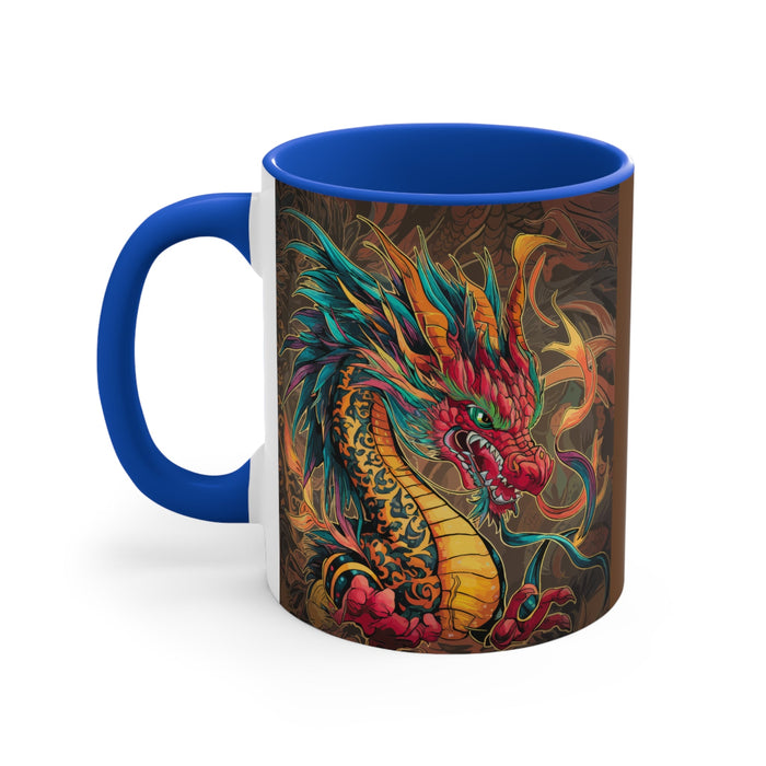 Blue 11oz accent mug with colorful dragon artwork and large white cutout handle