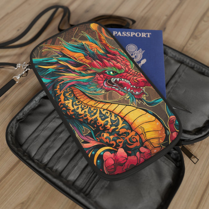 Colorful fire dragon passport wallet with zip closure and wrist strap, flat rectangular case