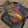 Colorful fire dragon passport wallet with zip closure and wrist strap, flat rectangular case