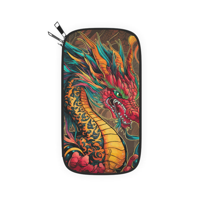 Dragon print zip passport wallet, vertical slim case with zipper pull tabs