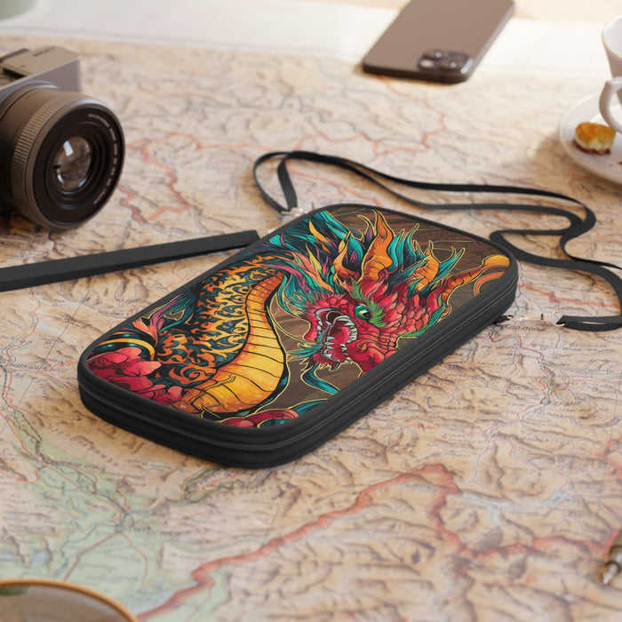 Fire dragon passport wallet with zip closure and crossbody strap, black-edged border