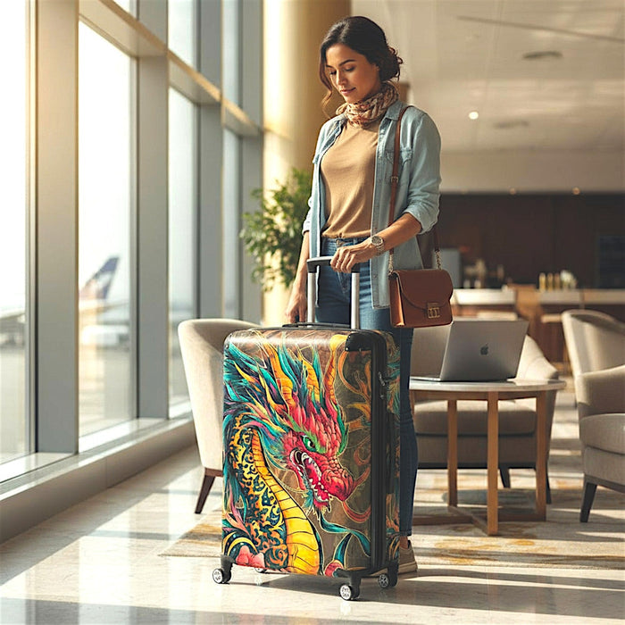Black hard-shell suitcase with fire dragon graphic, standing on four spinner wheels