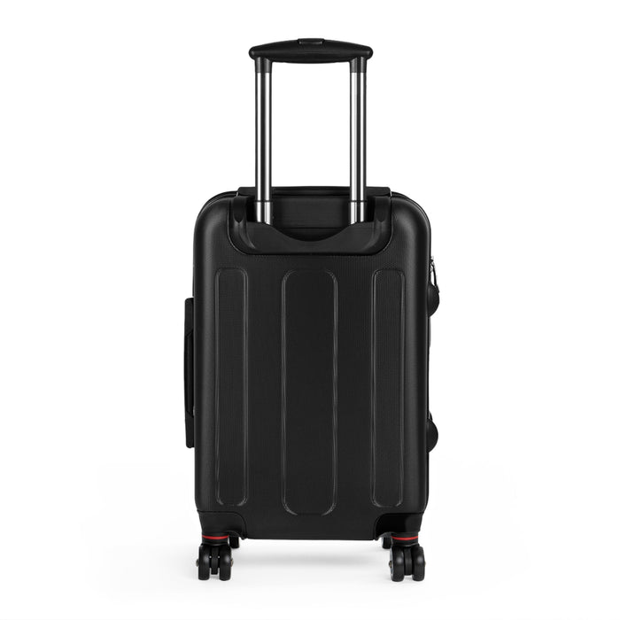 Black hard-shell suitcase with smooth embossed panels, front view, four small wheels