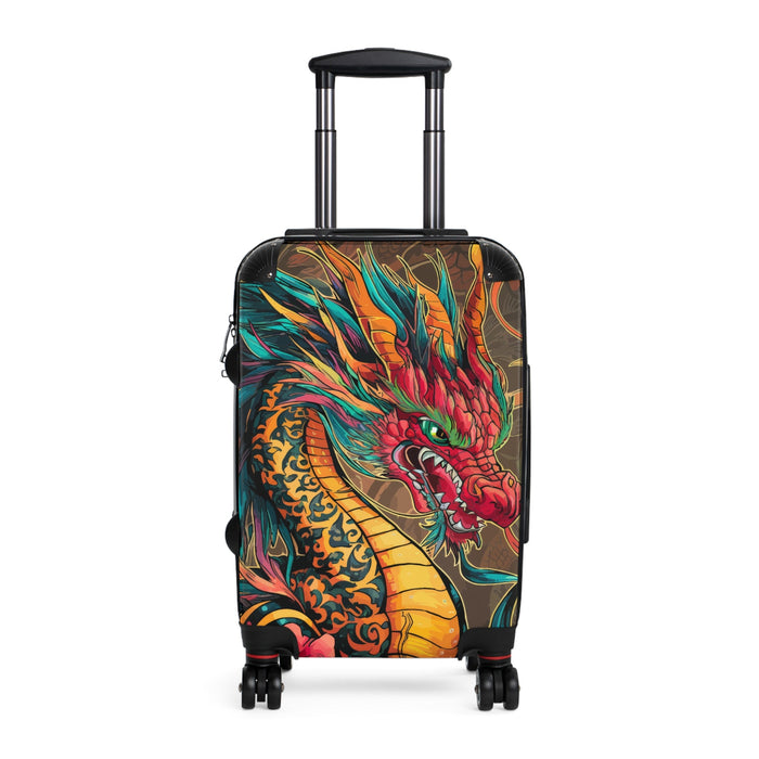 Black hard-shell suitcase with fire dragon artwork, rear view with top handle