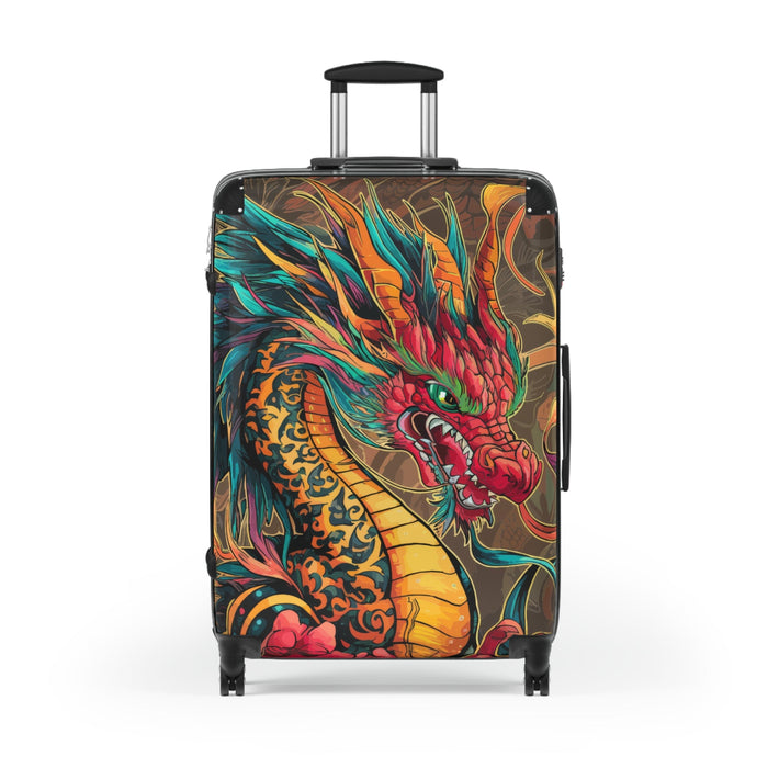 Black hard-shell suitcase with fire dragon artwork, angled front view with wheels visible