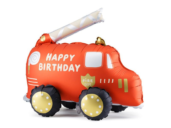 Red fire truck shape helium balloon with “Happy Birthday” text on the side