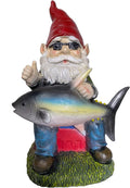 Fishing garden gnome statue with red hat holding gray-blue tuna fish