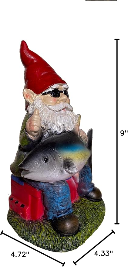 Fishing garden gnome yard statue, 9 in tall; holding tuna fish on grass base