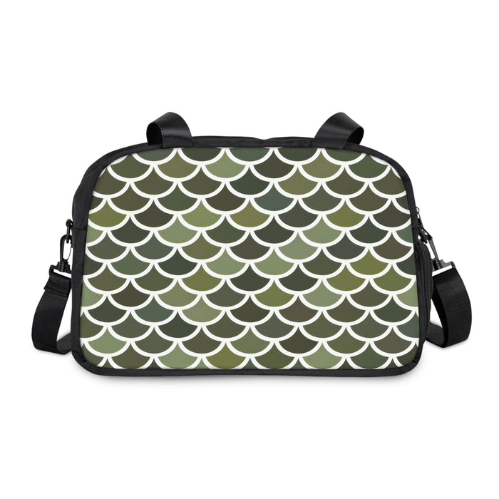 Black fitness duffel handbag with green-and-white scallop pattern and zipper closure
