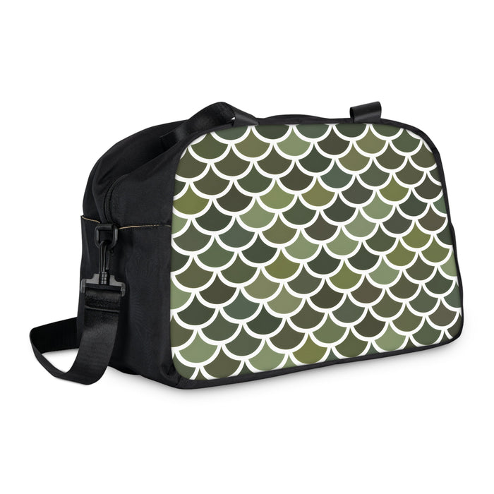 Black side view fitness duffel bag with green-and-white scallop pattern and adjustable strap
