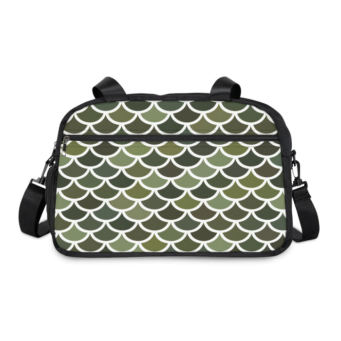 Green-and-white scallop patterned fitness duffel handbag with black handles and zipper
