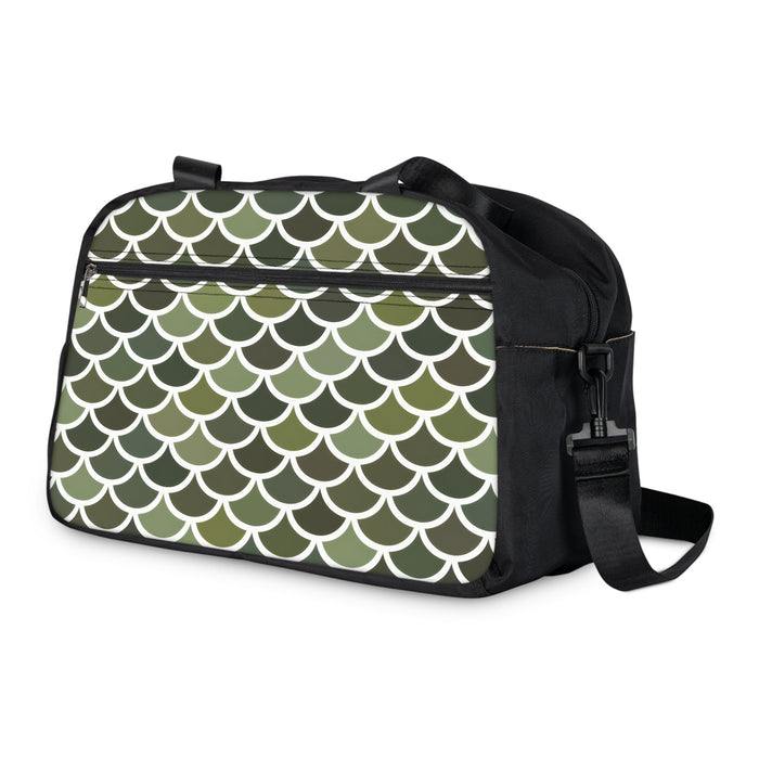 Side profile fitness duffel bag with green-and-white scallop print and black crossbody strap