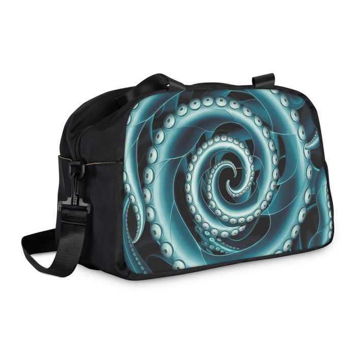 Fitness handbag with side zipper, teal octopus swirl pattern and adjustable shoulder strap