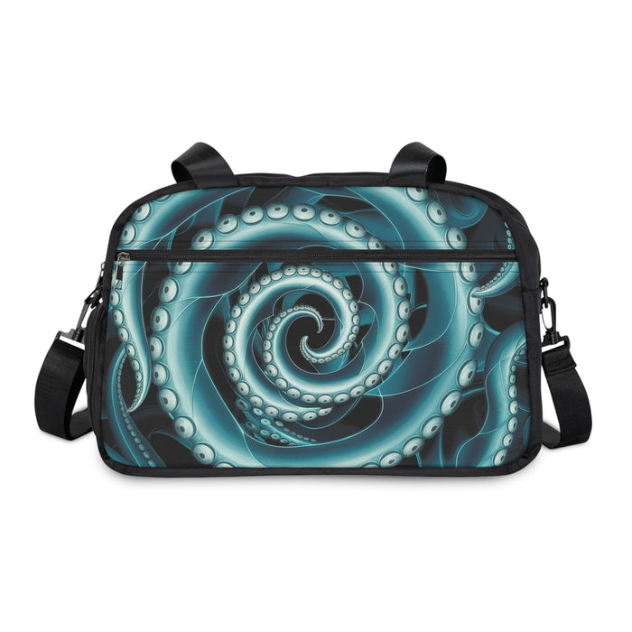 Fitness handbag front view with teal octopus swirl print and curved top handles