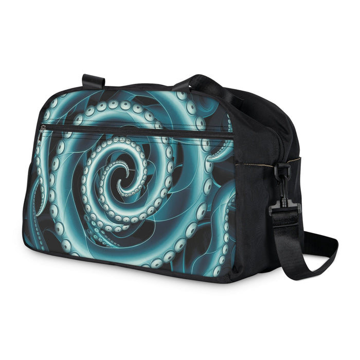 Fitness handbag angled view with teal octopus pattern, top handles, and crossbody strap
