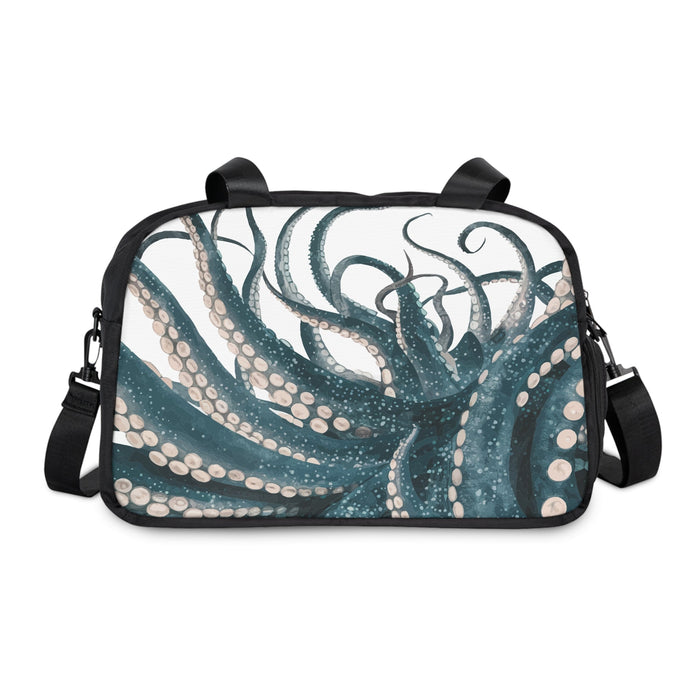 Black fitness handbag with teal octopus print, top handle, and crossbody strap