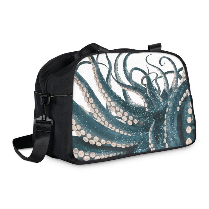 Black fitness handbag with octopus print front, adjustable crossbody strap, zip closure