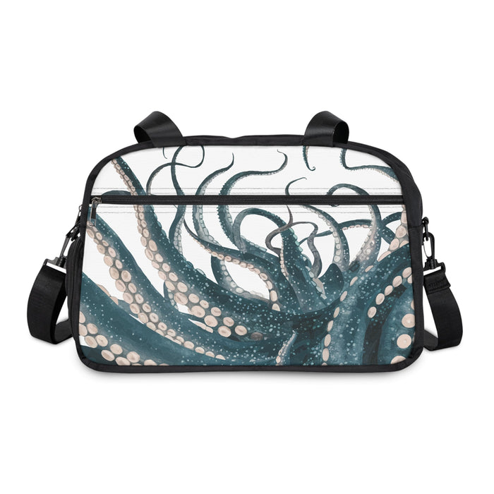 Black fitness handbag with teal octopus print and curved front, black top handles